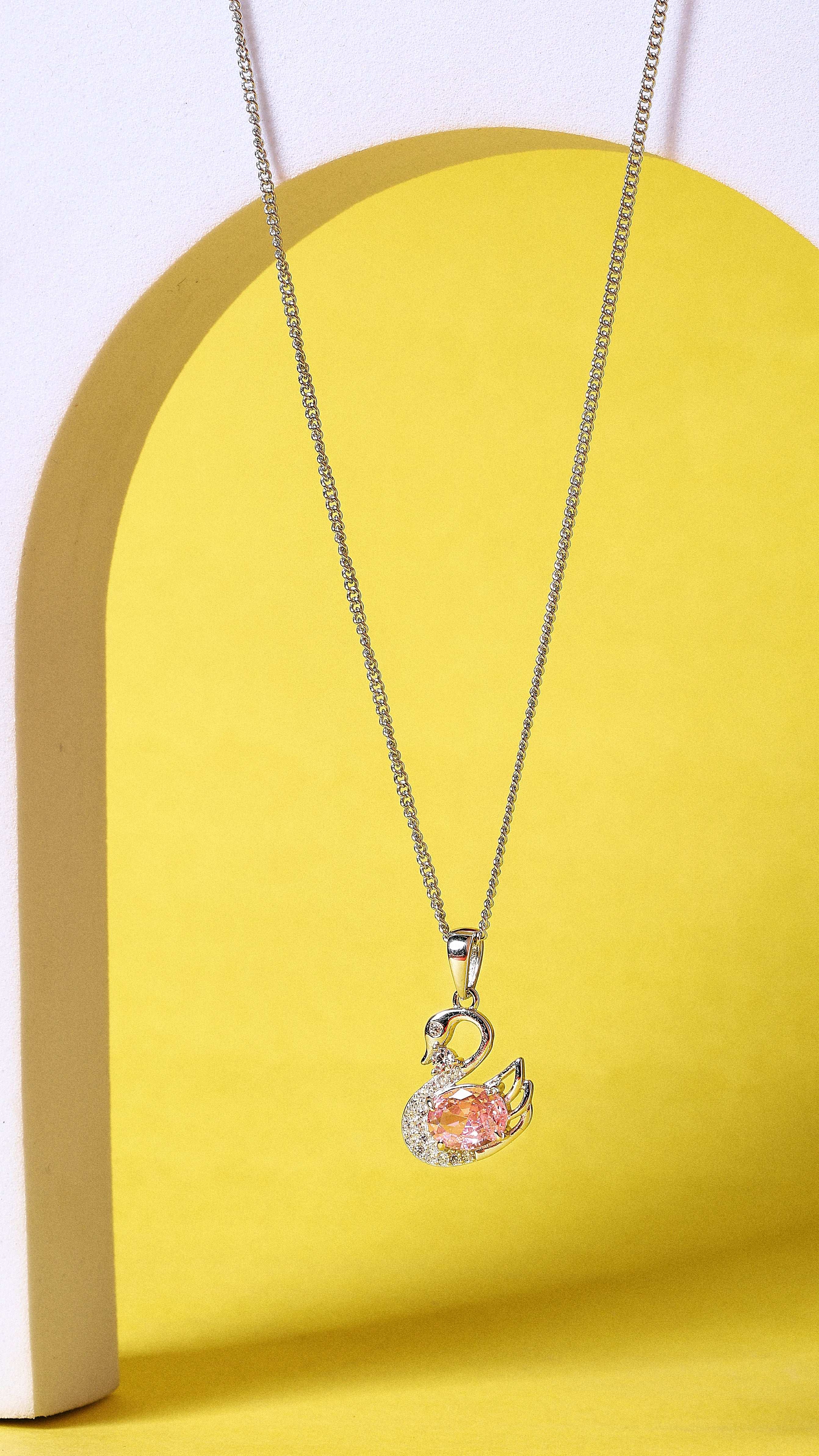 Pink Zirconia Swan Silver Necklace   Made Using Premium 925 Sterling Silver
