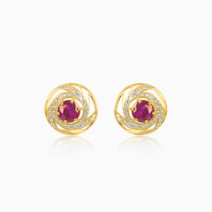 Gold Ruby Halo Stud Earrings